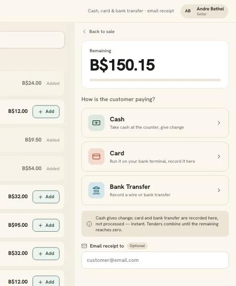 Dilly's checkout screen: B$150.15 remaining, and the customer's payment options, Cash, Card and Bank Transfer, listed one above the other.